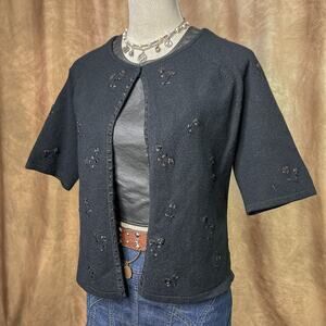 Vintage Cardigan Sweater 90s Floral Embroidered Ribbon Open Front Black Goth Y2K